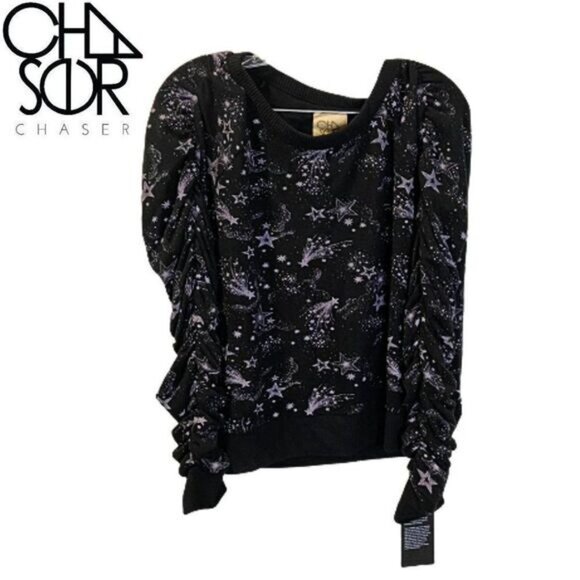 CHASER Crewneck Sweatshirt Shirred‎ Sleeve In Mystical Star Print Long Sleeve - Picture 2 of 8